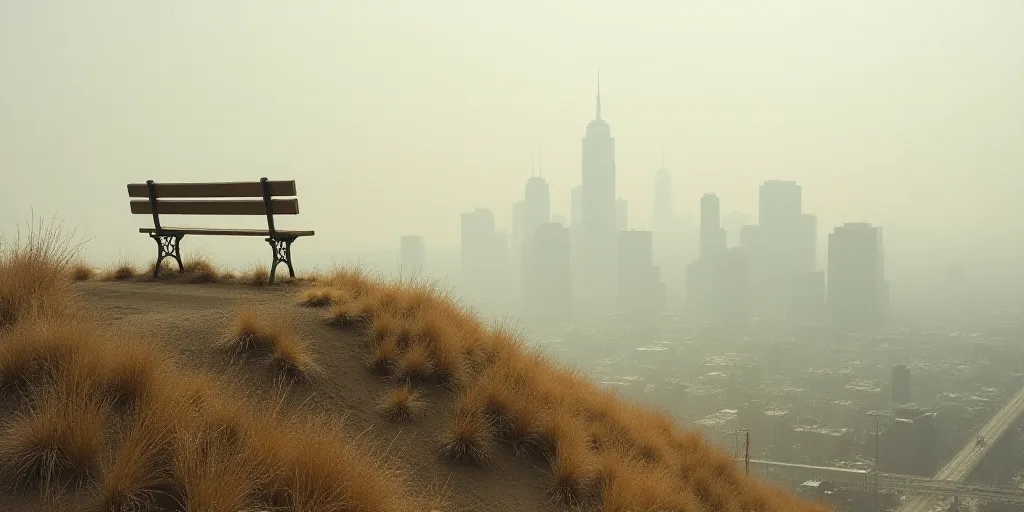 a view of a city from a hill with a bench on top of it and a foggy sky, Chris LaBrooy, dust, a matte