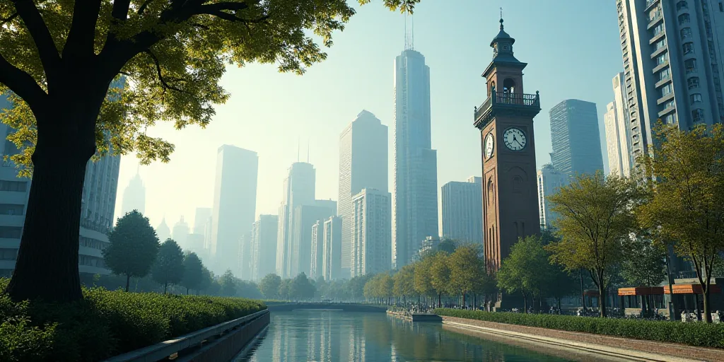a view of a city with tall buildings and a clock tower in the foreground, and a tree in the foregrou