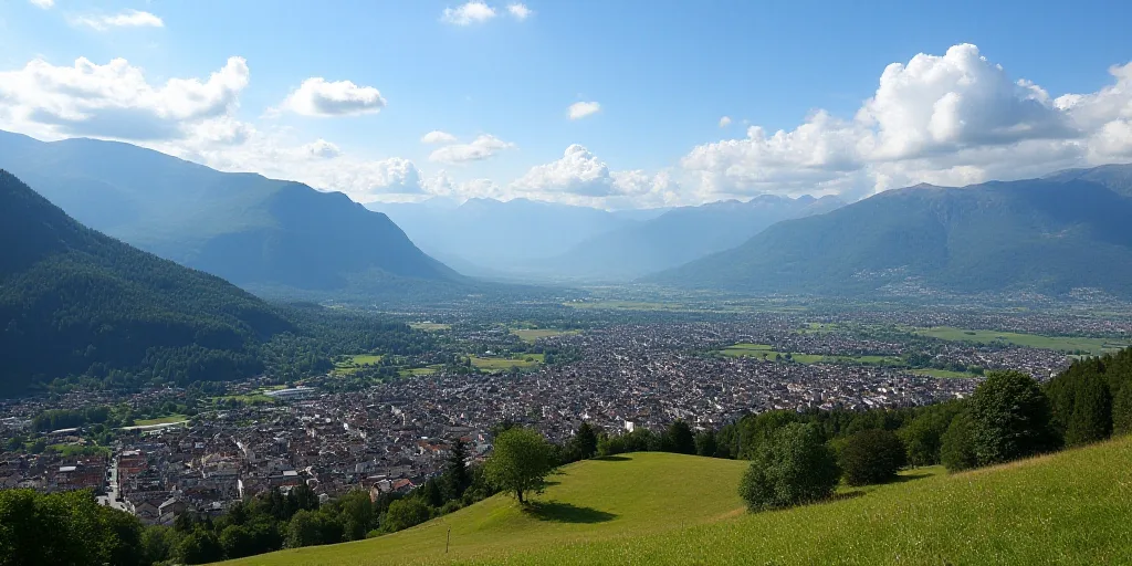 a view of a mountain town with a mountain in the background and a blue sky with clouds in the backgr