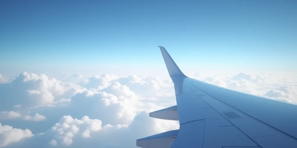 a view of a plane wing and clouds from the window of the plane in the sky above the clouds, Ei-Q, sk