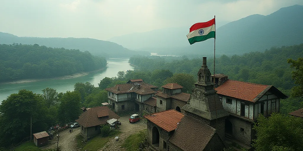 a village with a flag on top of it and a river in the background with trees and buildings in the for