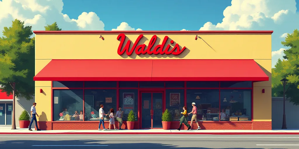 a waldis store with a red awning and a red awning outside of it and people walking outside, Estuardo