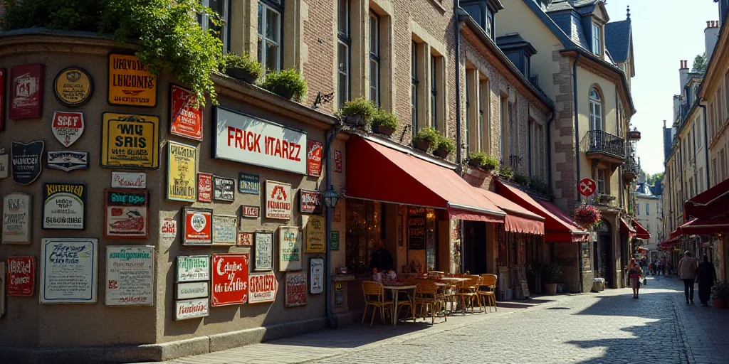 a wall with a bunch of signs on it next to a building with a bunch of bars on it, Évariste Vital Lu