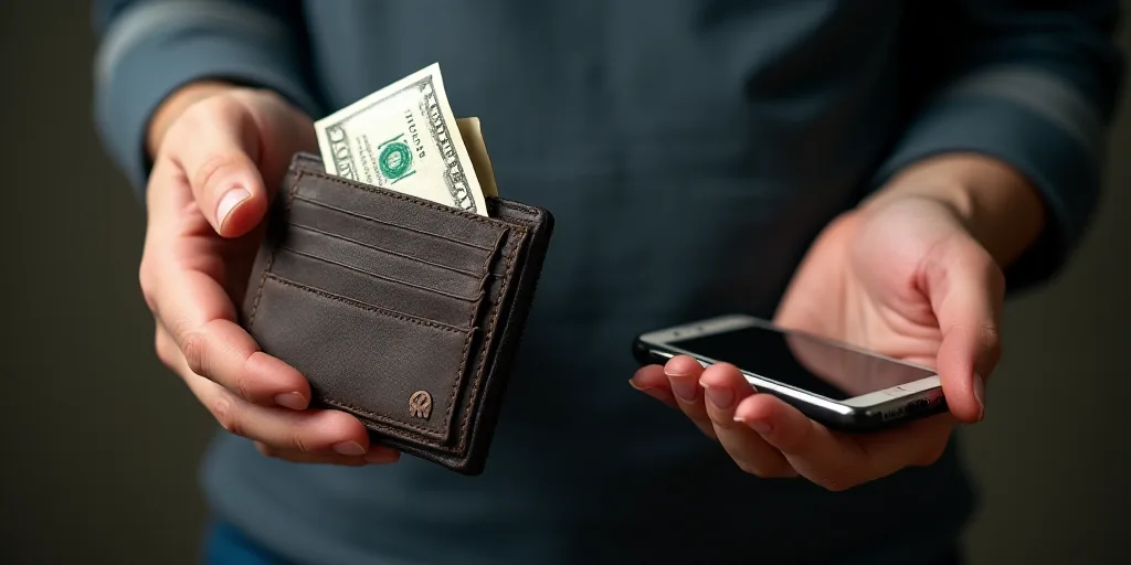 a wallet with money coming out of it and a hand holding a cell phone in the other hand with a wallet