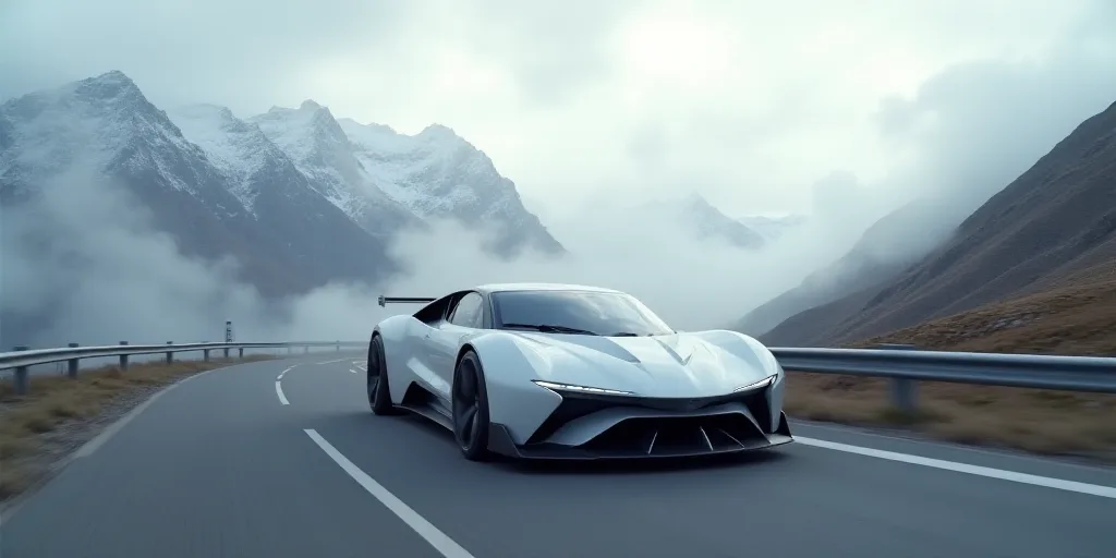 a white car driving down a road next to a mountain range with a cloudy sky above it and a mountain r