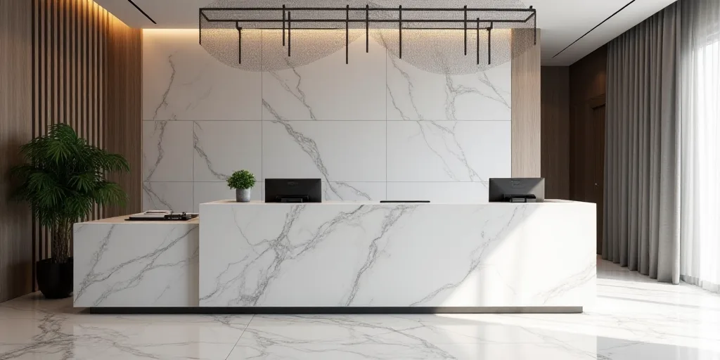 a white marble reception desk with a black and white sign on it's side and a plant in a pot, Cheng S