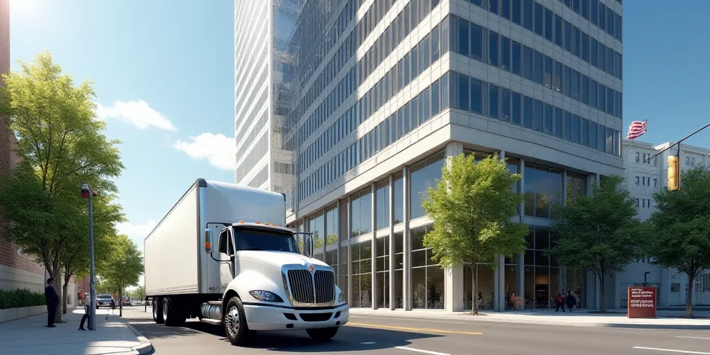 a white truck parked in front of a tall building with flags flying in the background and a few peopl
