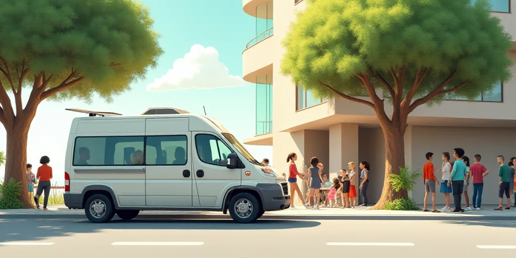 a white van parked next to a crowd of people on a sidewalk near a building with a tree in the foregr