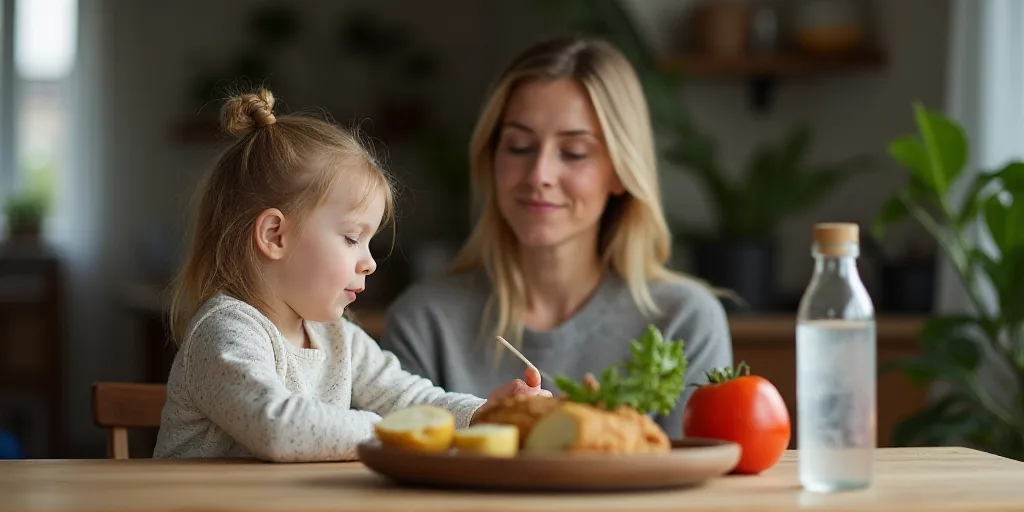 a woman and a child are in the background with a table with food and a water bottle on it, Florianne