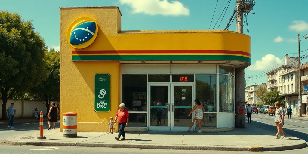 a woman and a child are walking in front of a petrobras sign on a building with people walking by, A