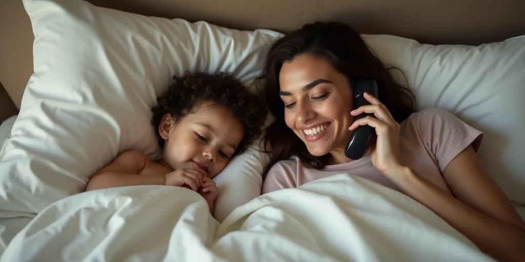 a woman and a child laying in bed with a pillow on the bed and a woman holding a phone to her ear, B