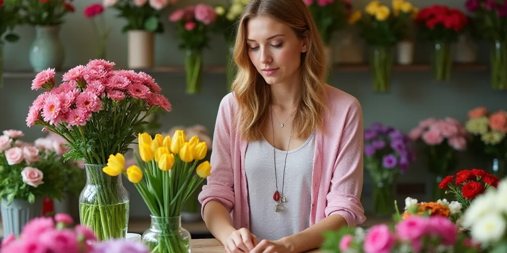 a woman arranging flowers in a flower shop with a variety of flowers in vases behind her and a wall