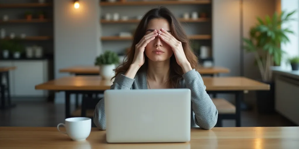 a woman covering her eyes while sitting at a desk with a laptop computer and a cup of coffee in fron