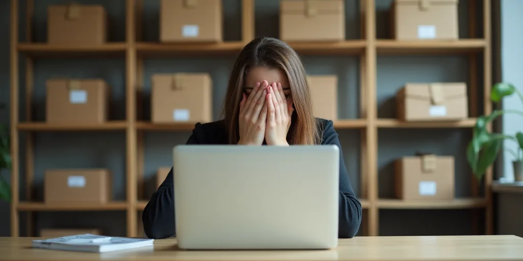a woman covering her face while sitting at a desk in front of a laptop computer with boxes on the sh