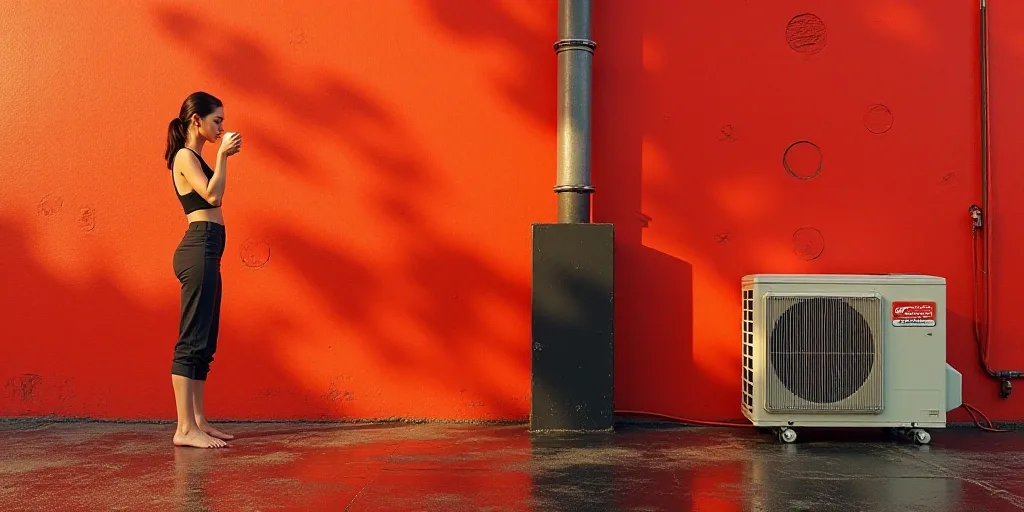 a woman drinking from a cup next to a air conditioner and a red wall with circles on it, David LaCha