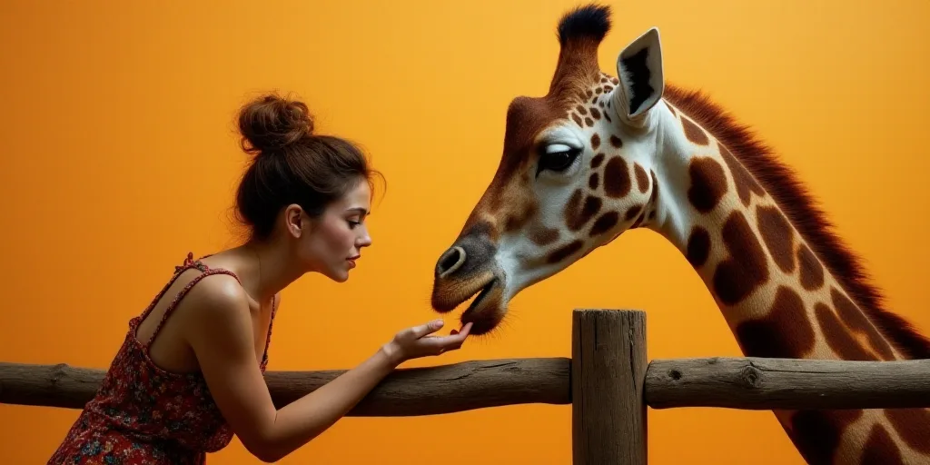 a woman feeding a giraffe through a fence with her hand and head on a fence post,, Bálint Kiss, ora