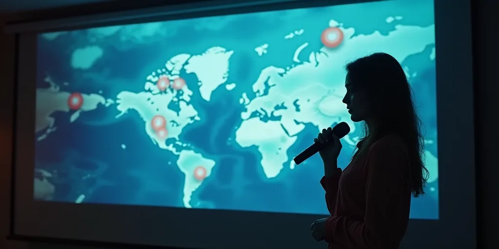 a woman giving a presentation on a projector screen with a map on it and a microphone in her hand, E