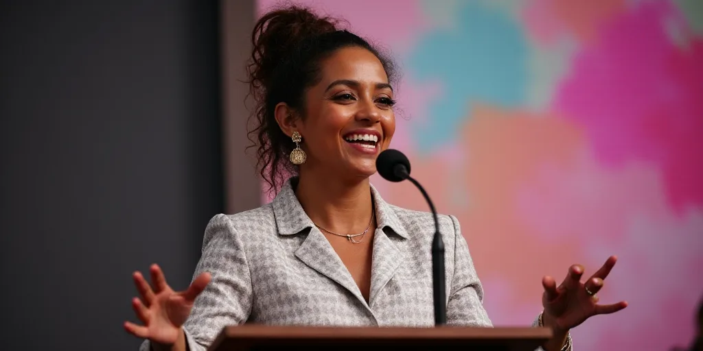 a woman giving a speech at a podium with a microphone in her hand and a sign behind her that says,,
