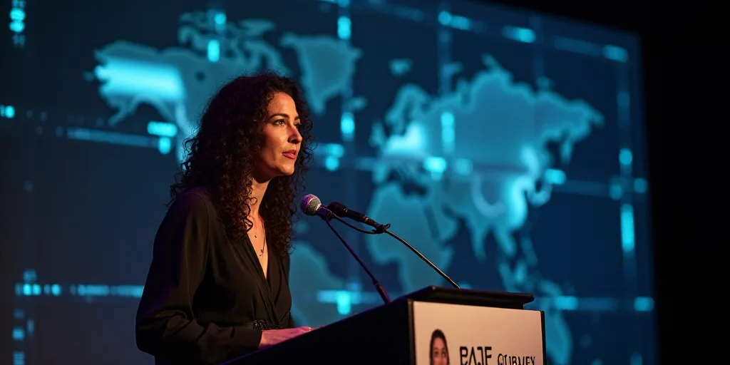 a woman giving a speech at a podium with a microphone in front of her and a sign behind her, Araceli
