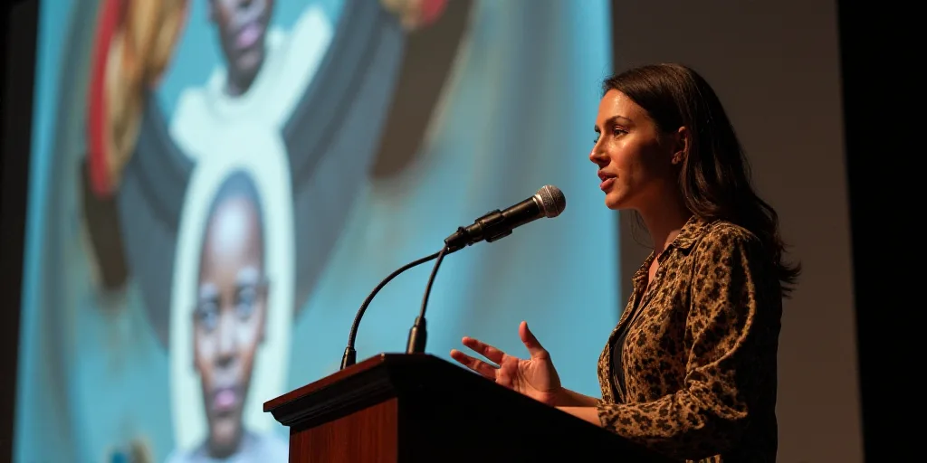 a woman giving a speech at a podium with a microphone in front of her and a large painting behind he