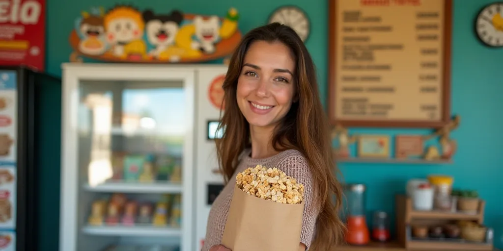 a woman holding a bag of cereal in front of a menu board with cartoon characters on it and a vending