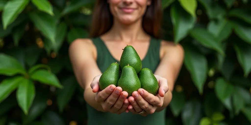 a woman holding a bunch of green avocados in her hands in front of a bush of green leaves, Ceferí O