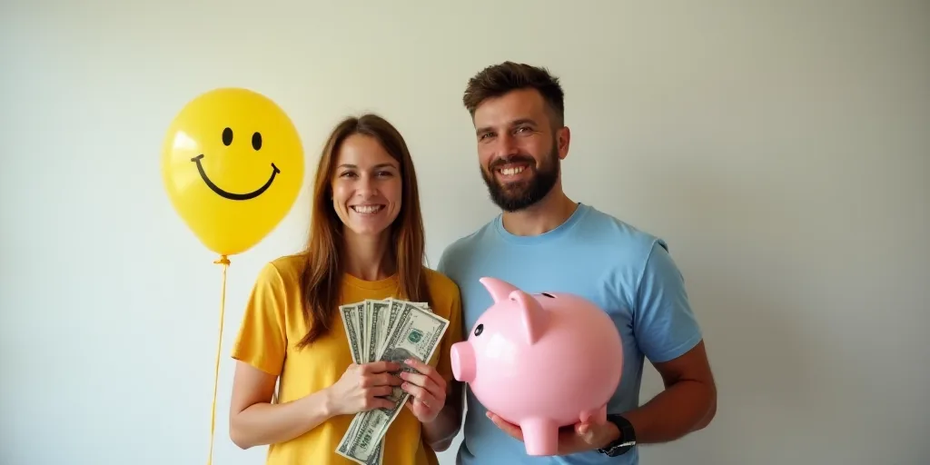a woman holding a bunch of money and a balloon with a smiley face on it, with a man holding a piggy