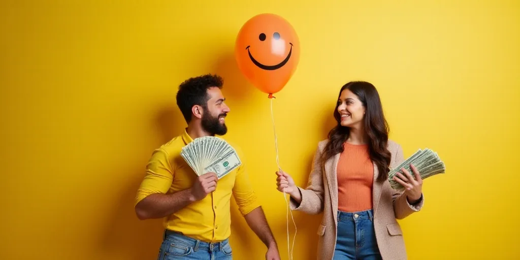 a woman holding a bunch of money and a balloon with a smiley face on it, with a man holding a bunch