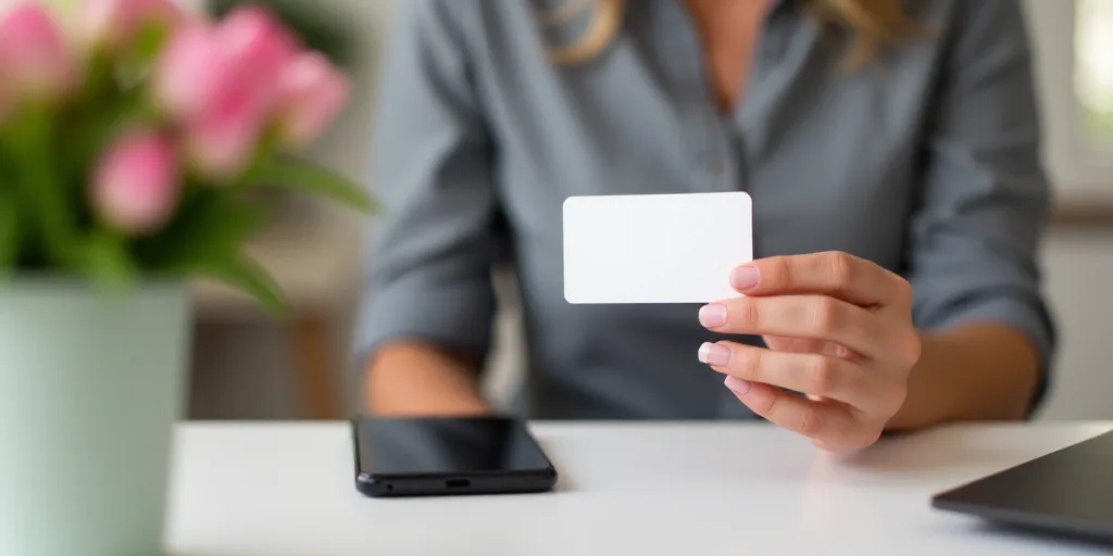 a woman holding a card and a cell phone on a desk with a flower arrangement in the background and a