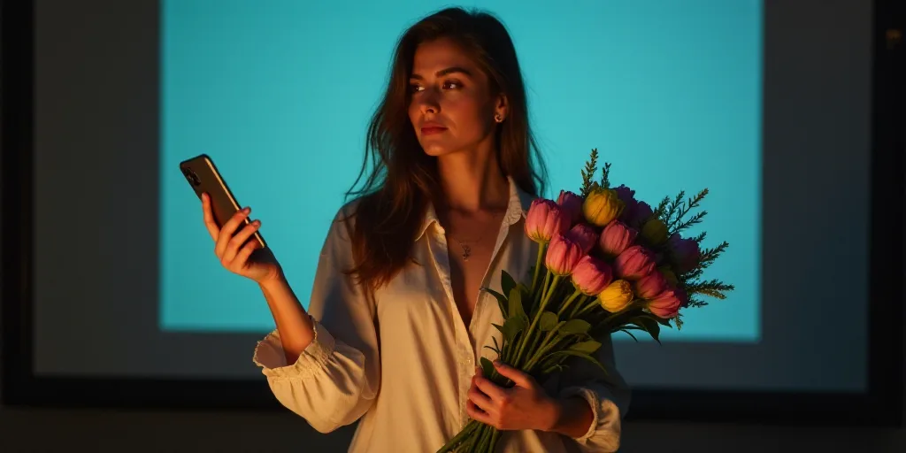 a woman holding a cell phone in her hand and a bunch of flowers in her other hand, in front of a scr
