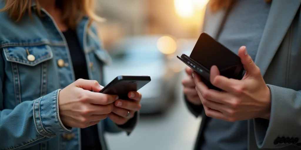 a woman holding a cell phone in her hands and a wallet in her other hand while another woman holds a