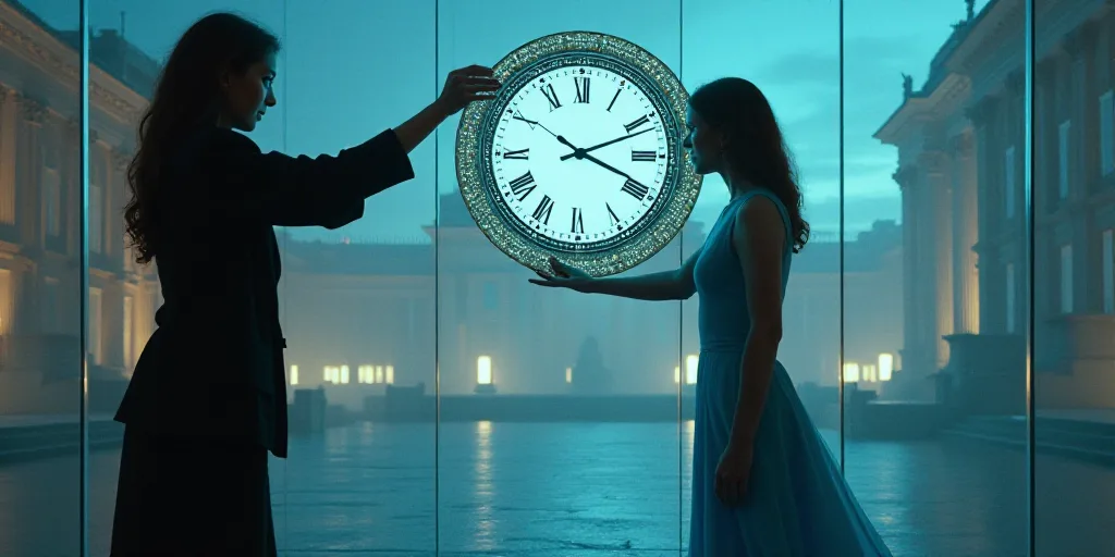 a woman holding a clock next to a woman in a blue dress and a black jacket and a building, Araceli G
