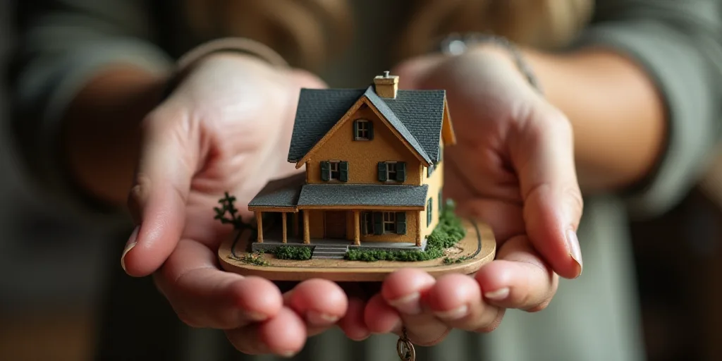 a woman holding a house key and a house model in her hands with a house keychain in front of her, Ev