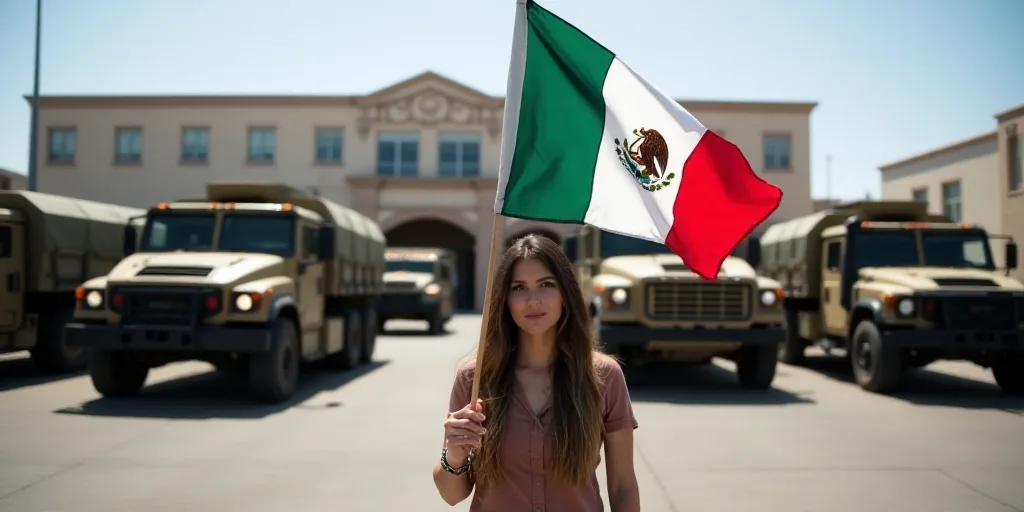 a woman holding a mexican flag in front of military vehicles in a parking lot with a building in the