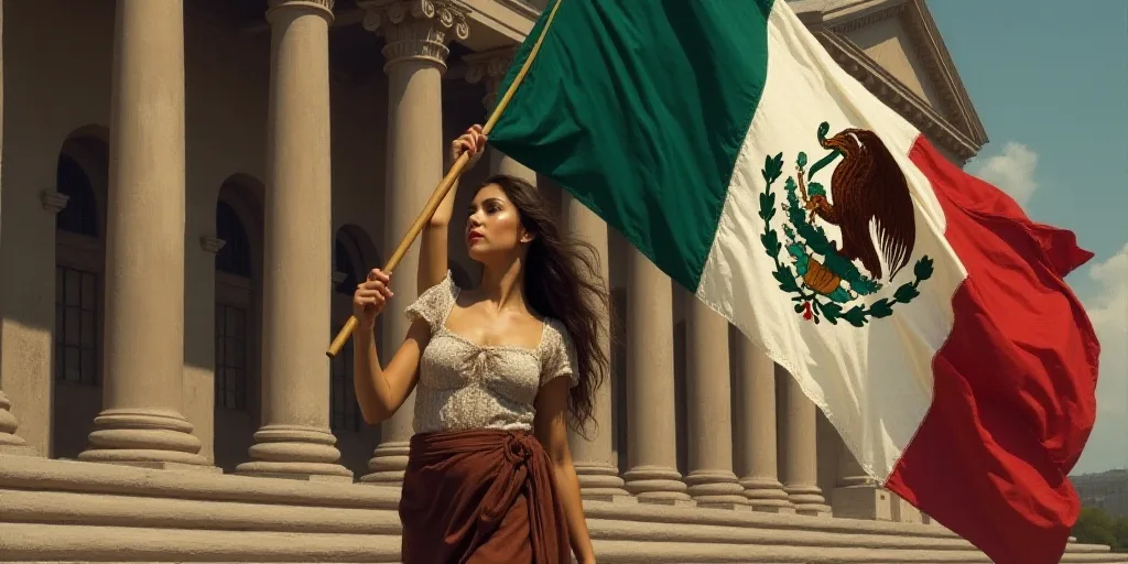 a woman holding a mexican flag and a mexican flag in front of a building with columns and columns in