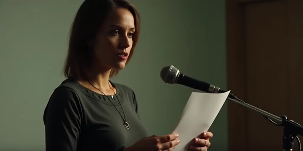 a woman holding a piece of paper with a microphone in front of her and a microphone in front of her,