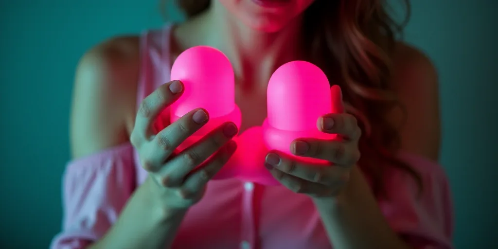 a woman holding a pink pair of dumbs in her hands with both hands on the dumbs and the other hand on