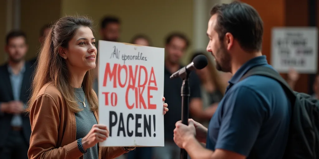 a woman holding a sign in front of a microphone and a microphone in front of her is a man, Araceli G