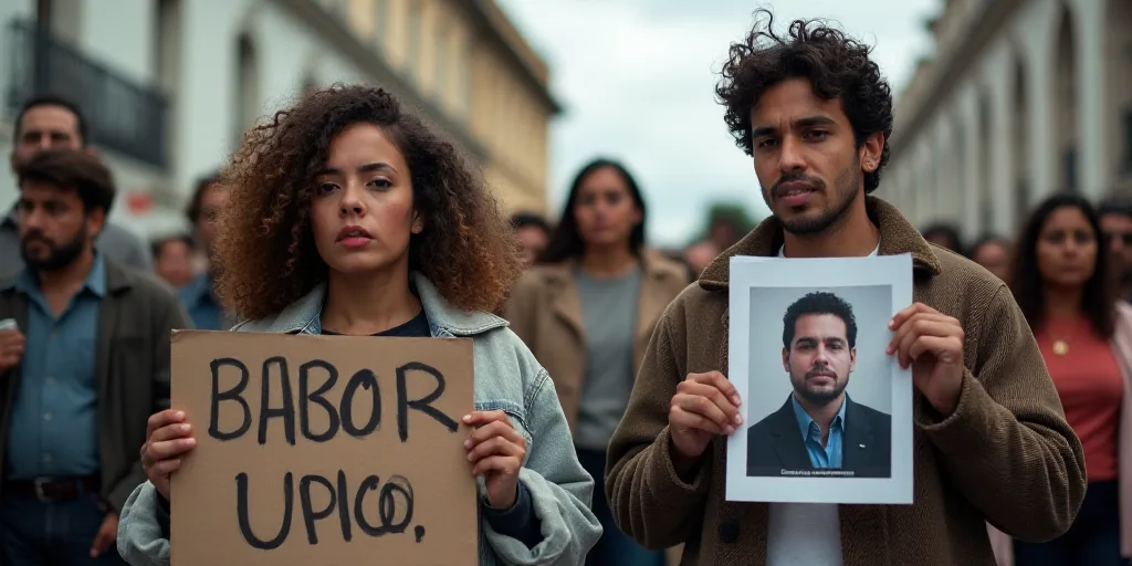 a woman holding a sign with a picture of a man on it and a man holding a sign with a picture of a ma