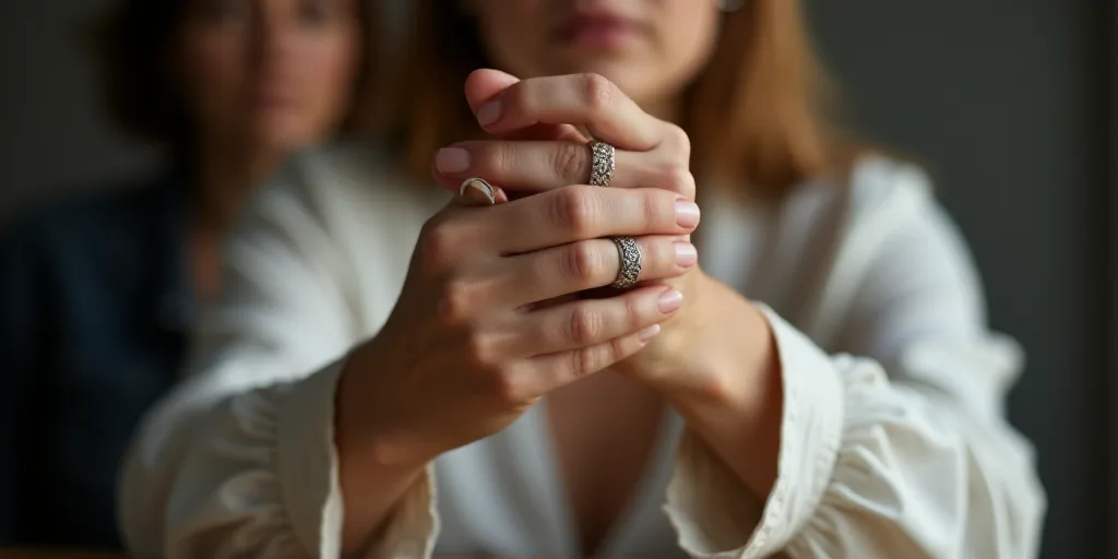a woman holding her hands together with a ring on her finger and a ring on her thumb, with a woman i