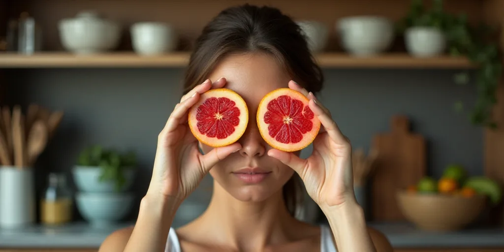 a woman holding two halves of a fruit in front of her eyes while standing in front of a counter, Cla
