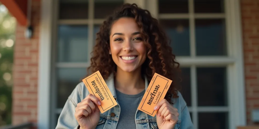 a woman holding up a pair of tickets in front of a building with a window behind her and a sign that