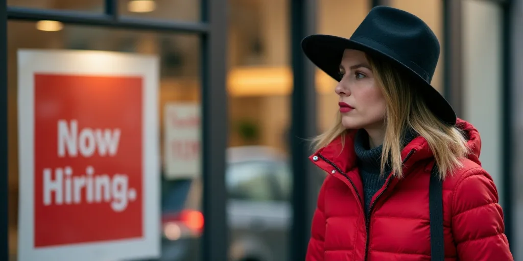 a woman in a black hat and a red jacket is walking past a store display with a sign that says now hi