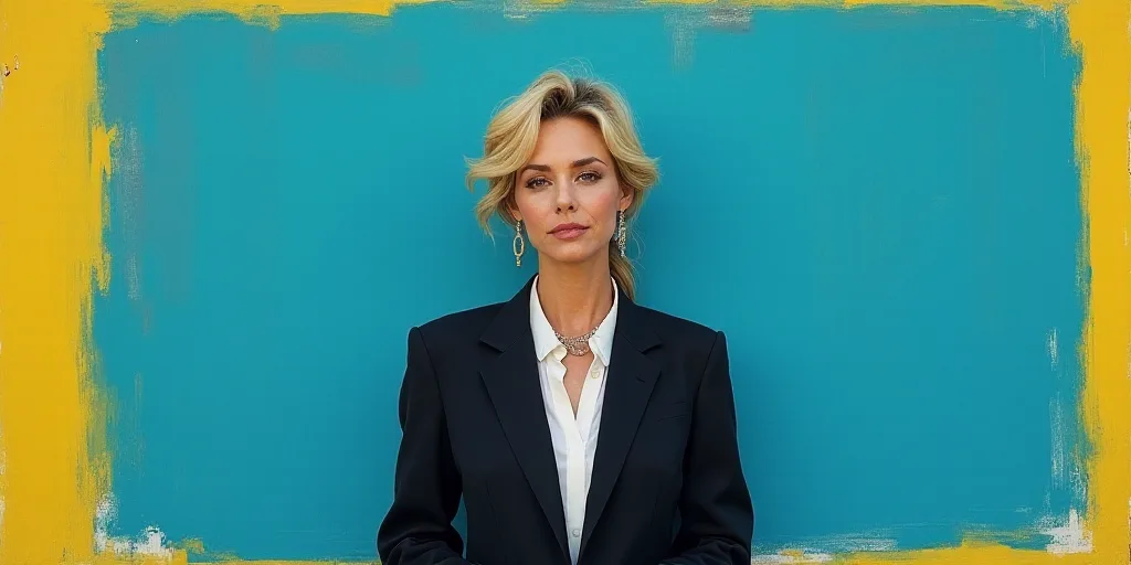 a woman in a black jacket and white shirt is standing in front of a blue background with a yellow bo