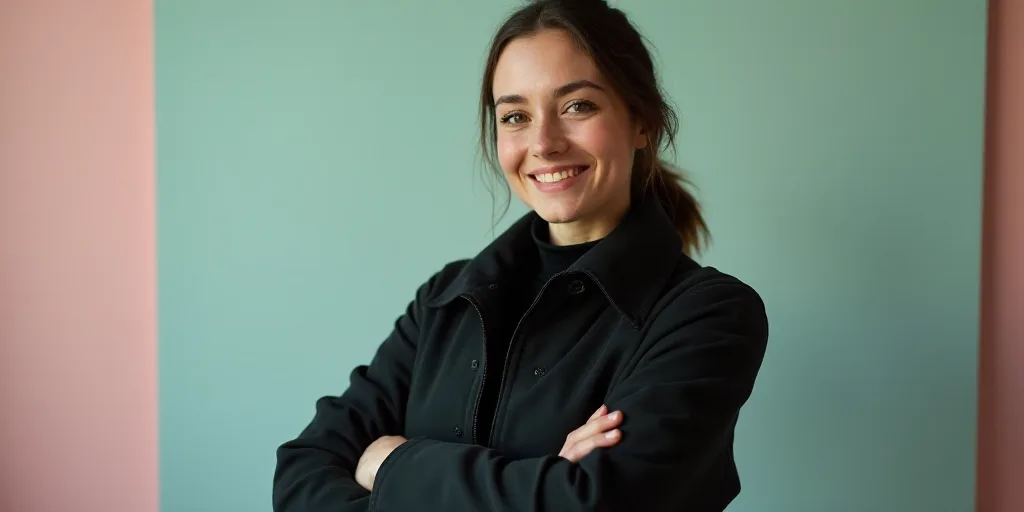 a woman in a black jacket is smiling for the camera with her arms crossed and her hands folded in fr