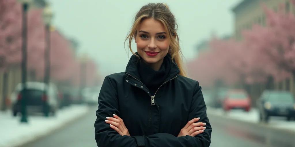 a woman in a black jacket is smiling for the camera with her arms crossed and her hands folded in fr