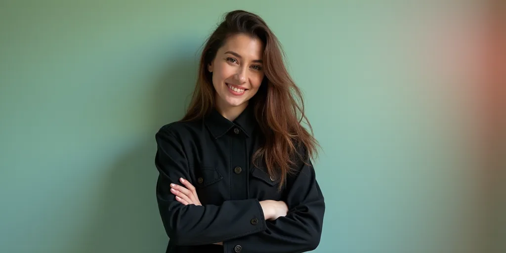 a woman in a black jacket is smiling for the camera with her arms crossed and her hands folded in fr