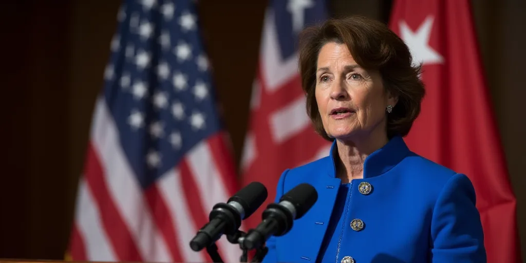 a woman in a blue jacket speaking at a podium with an american flag behind her and a microphone in f