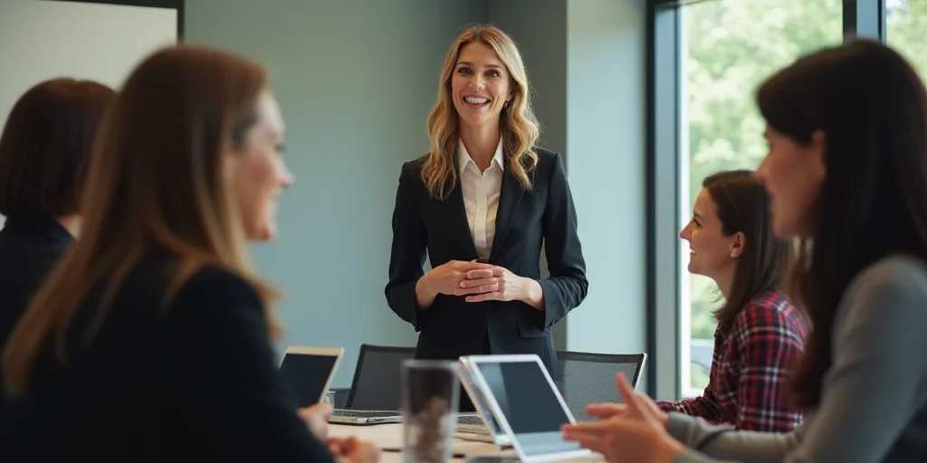 a woman in a business suit is talking to a group of women in a meeting room, all smiling, Constance