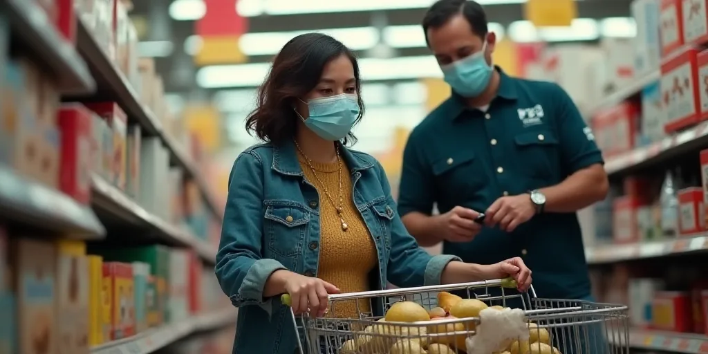 a woman in a face mask is shopping at a store with a shopping cart and a man in a face mask, Ada Gla